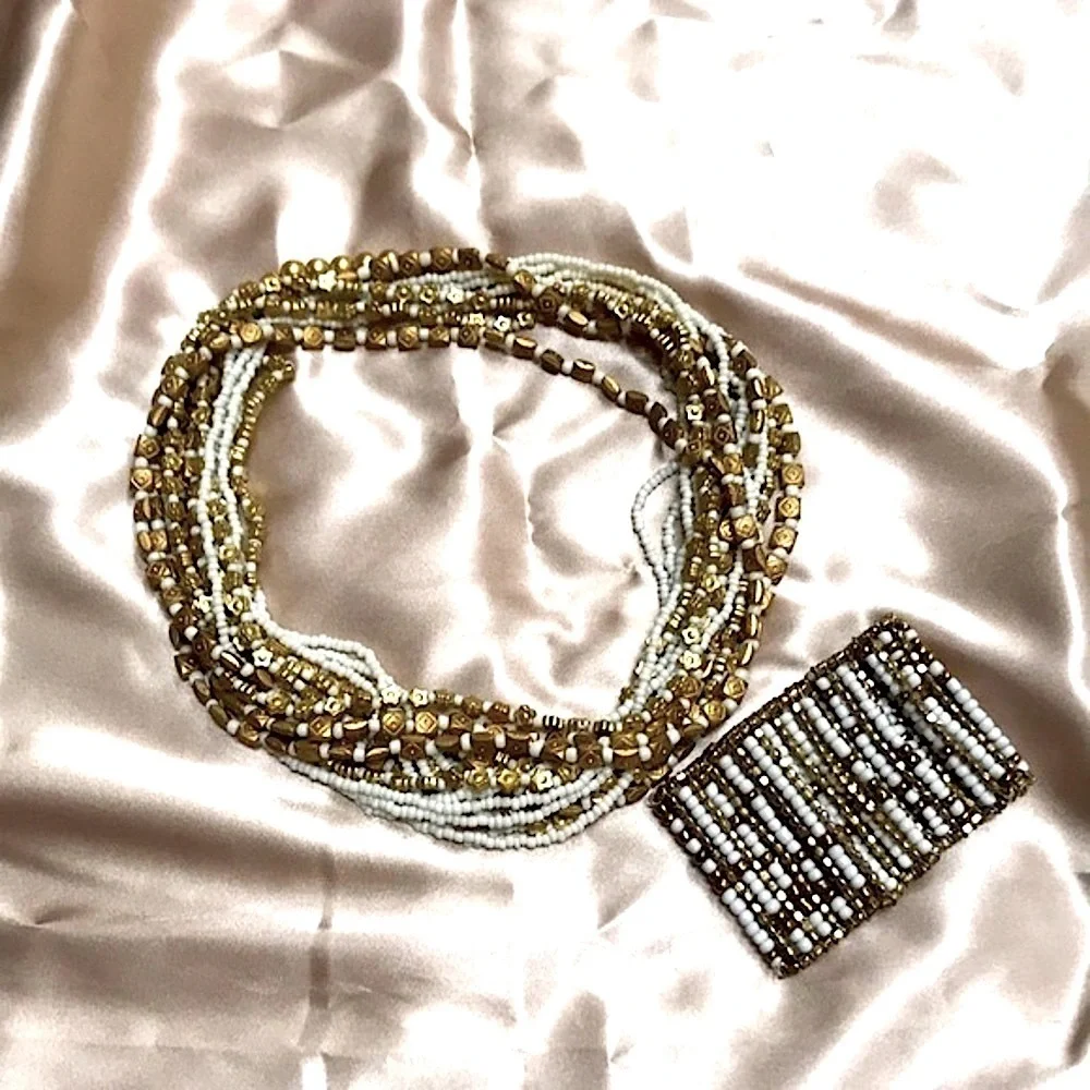 Stunning White & Gold Beaded Multi-Strand Twist Necklace & Bracelet Set Unique - Picture 6 of 16